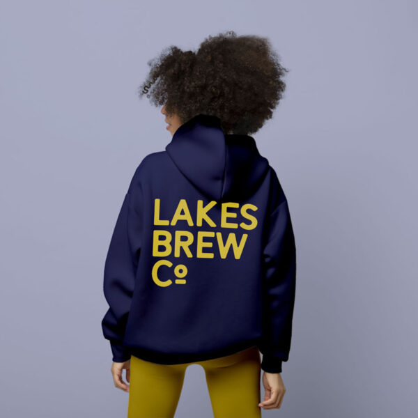 Lakes Brew Co Unisex Hoodie Navy with Yellow stacked print
